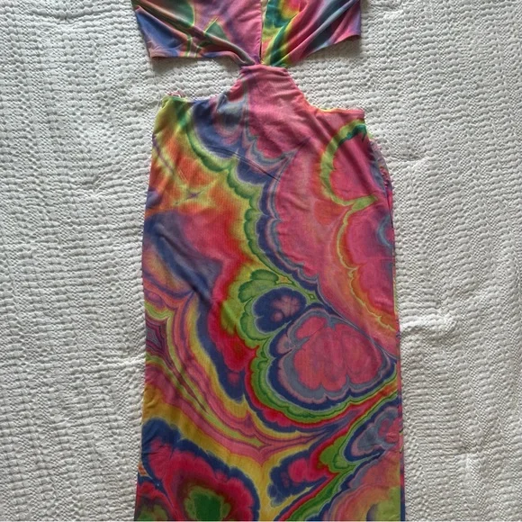 AFRM Tie-Dye Pink and Yellow Abstract Bodycon Halter Tessa Mesh Midi Dress Small - Picture 9 of 13